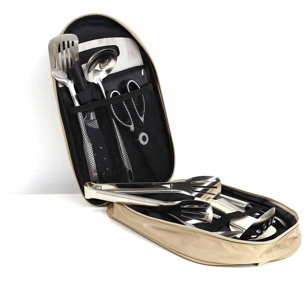 Portable picnic kitchenware storage bag containing 12-piece stainless steel cutlery set in khaki colour