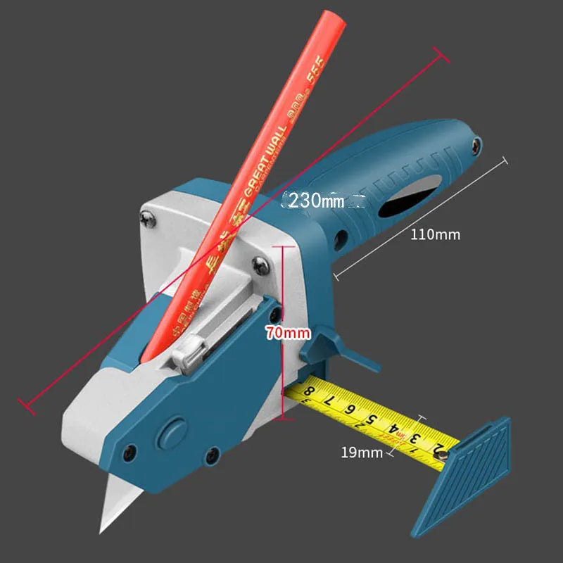 Blue aluminium and TPR woodworking cutter with tape measure for dust-free sheet material cutting.