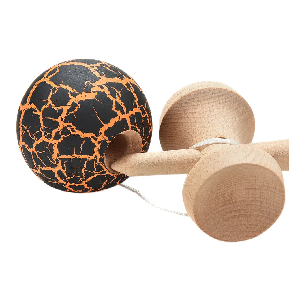 Wooden kendama toy with crack pattern finish, 18.5cm handle, 5.5cm ball, shown in one of seven colours