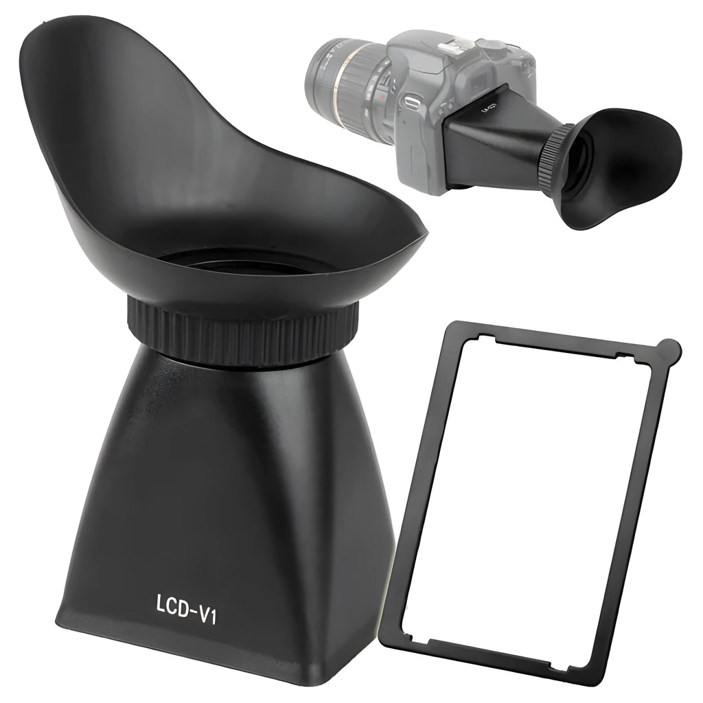 Black camera viewfinder amplifier with optical lens, shown mounted on a DSLR camera LCD screen.