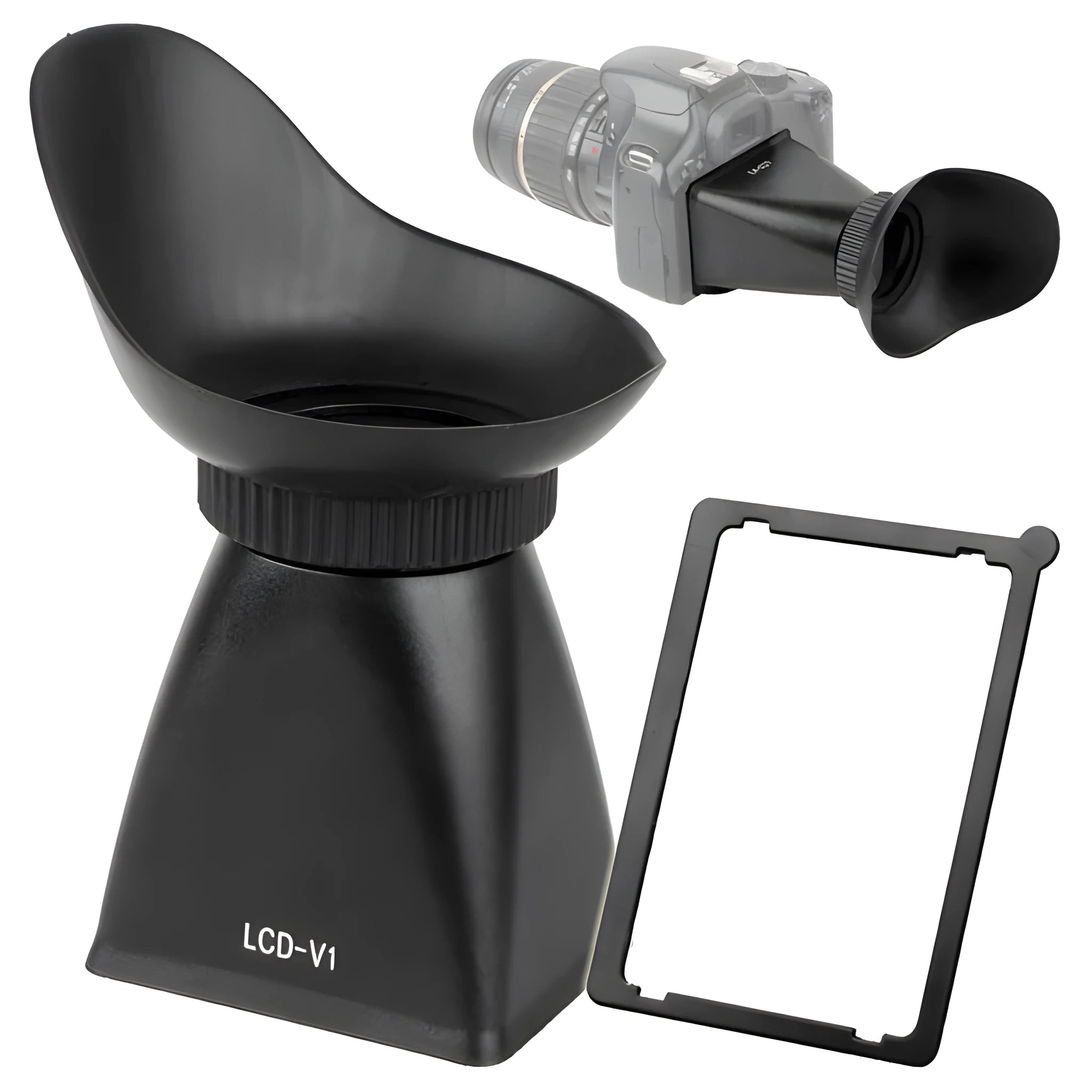 Black camera viewfinder amplifier with optical lens, shown mounted on a DSLR camera LCD screen.