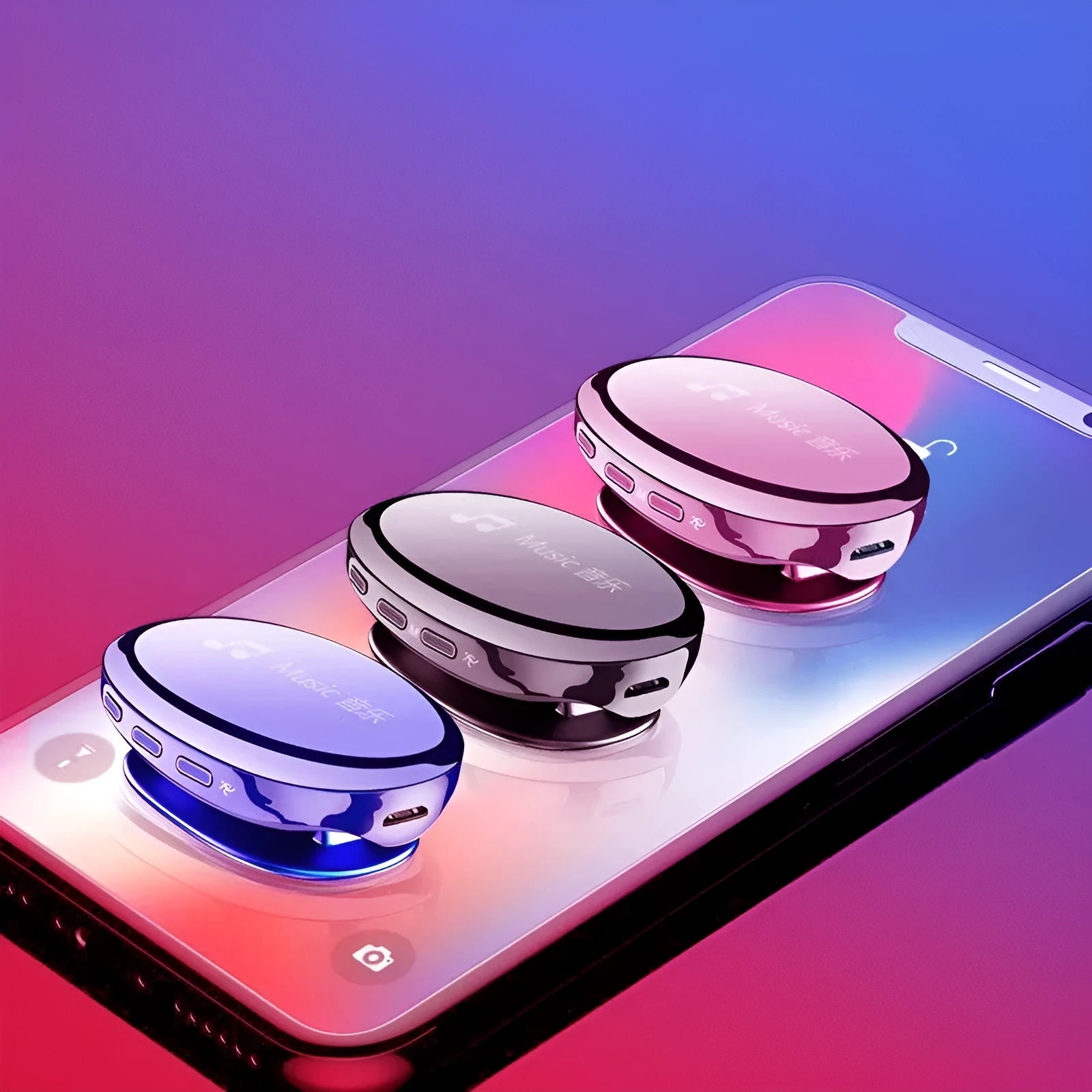 A compact blue Bluetooth MP4 music player with an OLED screen displaying a track list.