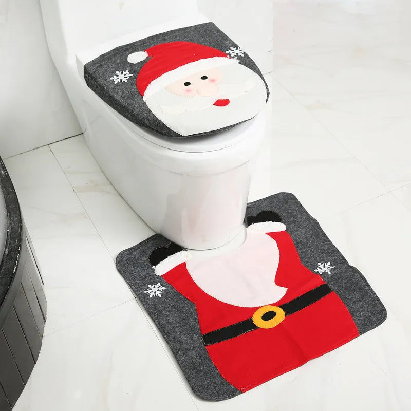 Christmas bathroom decoration set with Santa Claus shower curtain, toilet cover, and non-slip flannel floor mat