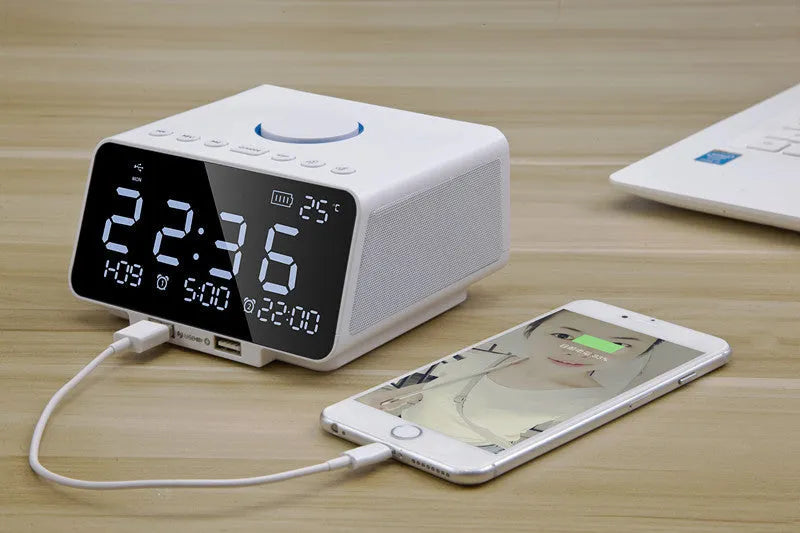 Black and white Bluetooth speaker alarm clock with dual drivers and control buttons