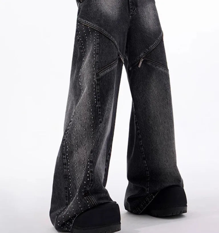Korean style wide leg trousers and matching waistcoat set in black and grey washed denim fabric