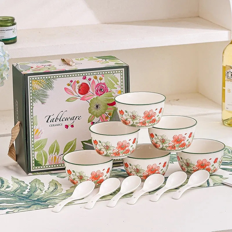 Ceramic tableware gift box set with 4 bowls, 4 spoons and 2 plates, underglaze surface, microwave available
