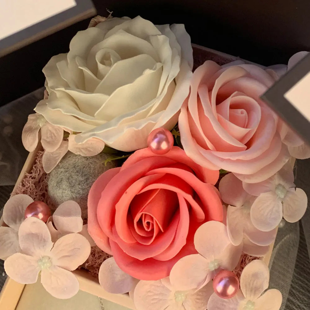 Pink lamp soap flower gift box with handmade rose for Christmas and Valentine's Day