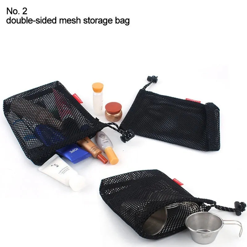Set of five red outdoor storage bags with mesh panels and zipper closures made from 200D Oxford cloth