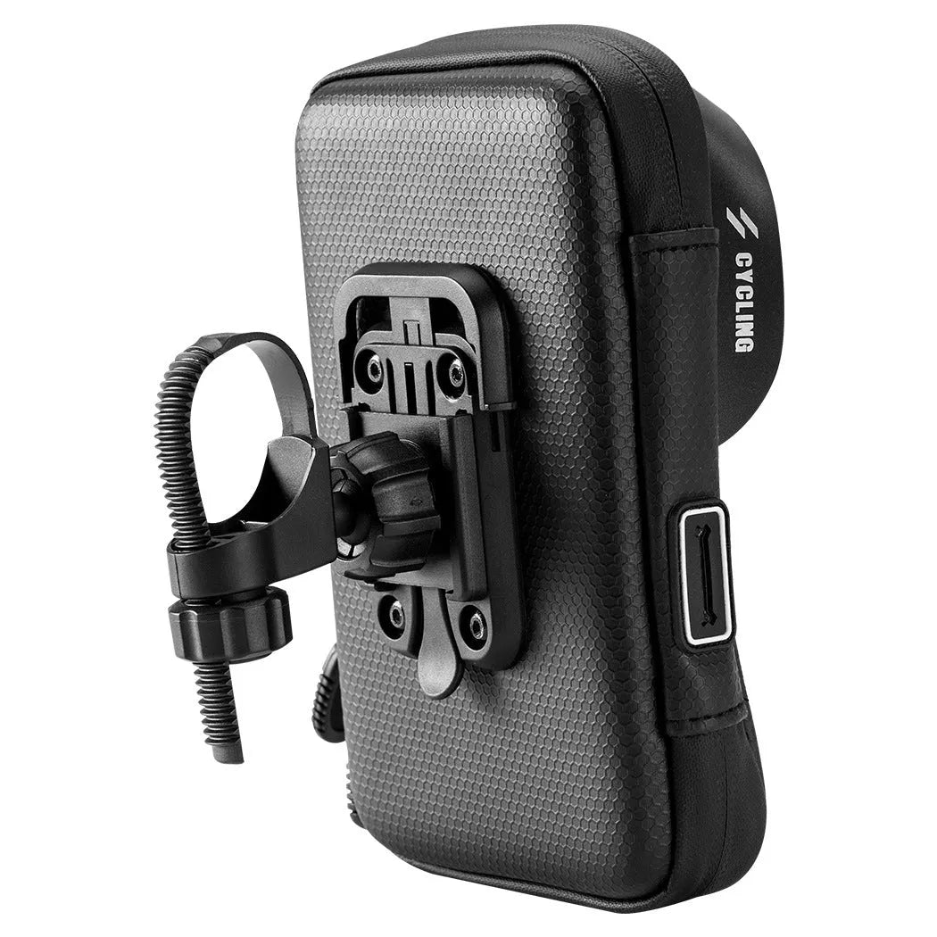 Black waterproof bicycle handlebar bag with transparent touch screen window on bike handlebars