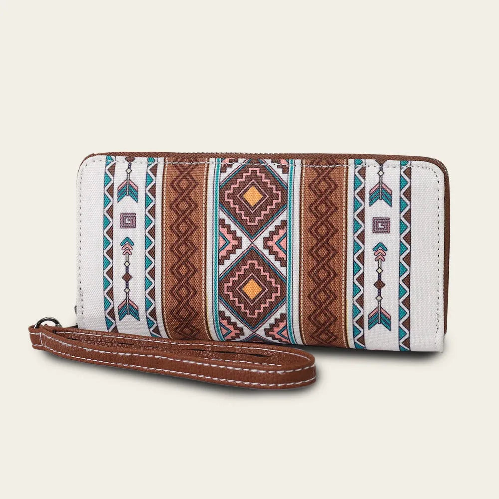 Striped canvas RFID security wallet in beige colour, shown with cards.