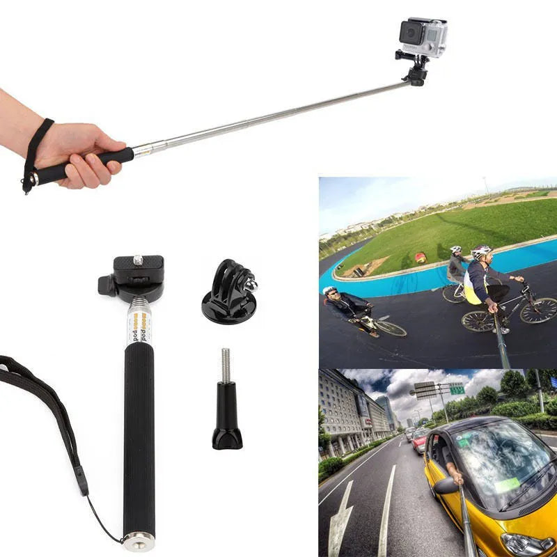 Black sports camera accessories set with mounts and straps for action cameras, multi-piece kit for outdoor filming.