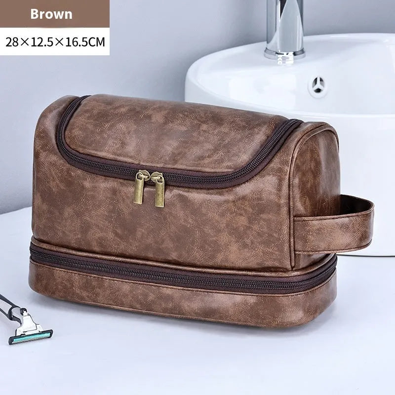 PU leather storage bag with hook in brown, black or dark brown for travel toiletries and cosmetics