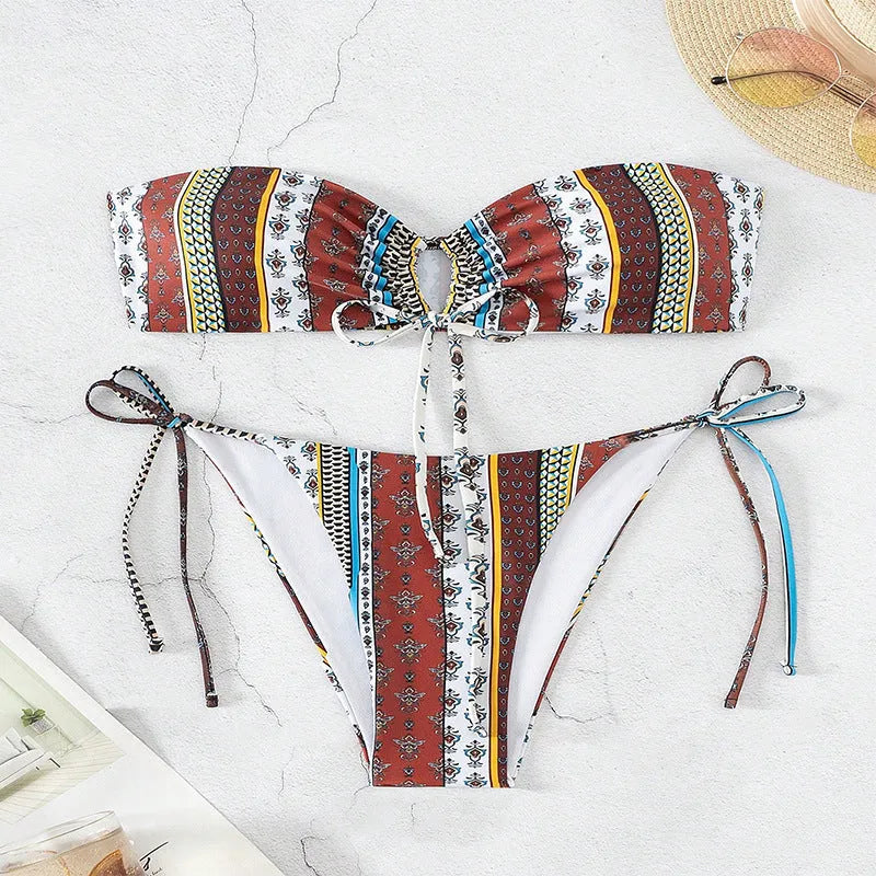 Women's mixed colour printed swimsuit with lace-up front detail, showing sleeveless top and bottom.