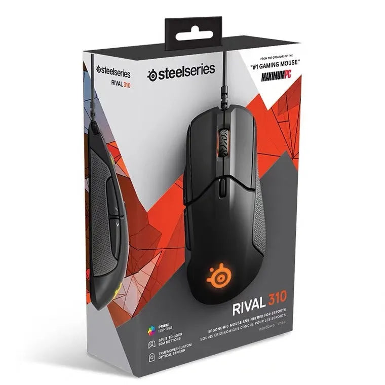 Black wired gaming mouse with 6 buttons, ergonomic shape, USB cable, 12000 DPI sensor