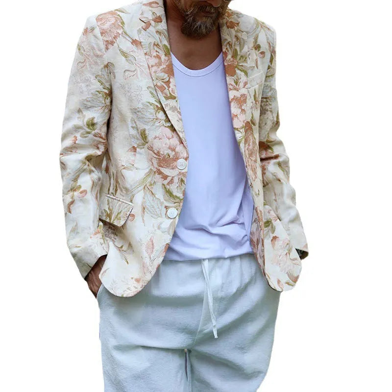 Men's white long sleeve casual top with print pattern, sizes S to XXXL, polyester fabric.
