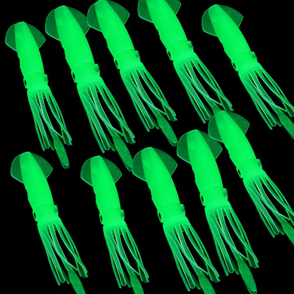 Pack of 10 luminous squid baits in light green, 105mm long, soft plastic bionic shape