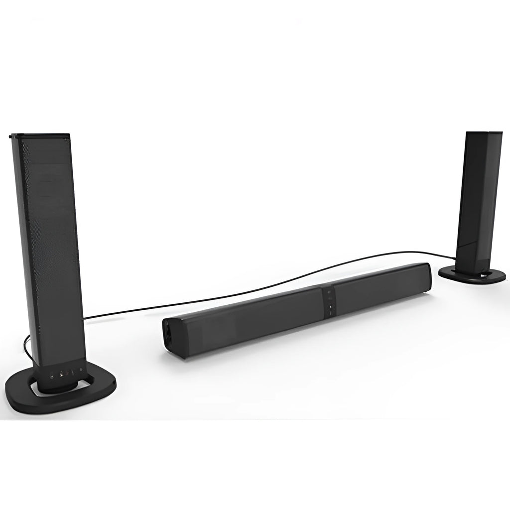 Black foldable split TV Bluetooth speaker system showing two plastic speakers with dimensions 490mm x 50mm x 50mm
