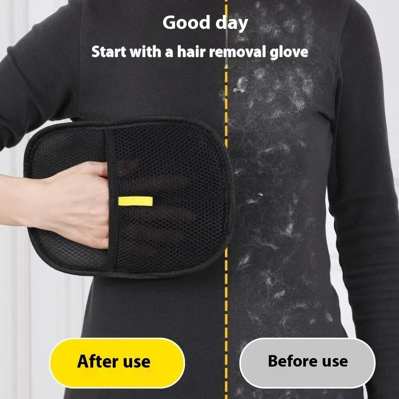 Black pet hair removal glove with silicone brushes on both sides, measuring 24cm by 16cm