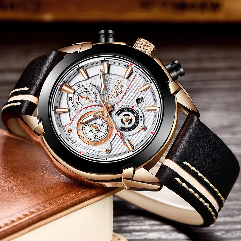 LIGE men's quartz chronograph watch 45mm stainless steel case black dial leather band luminous hands