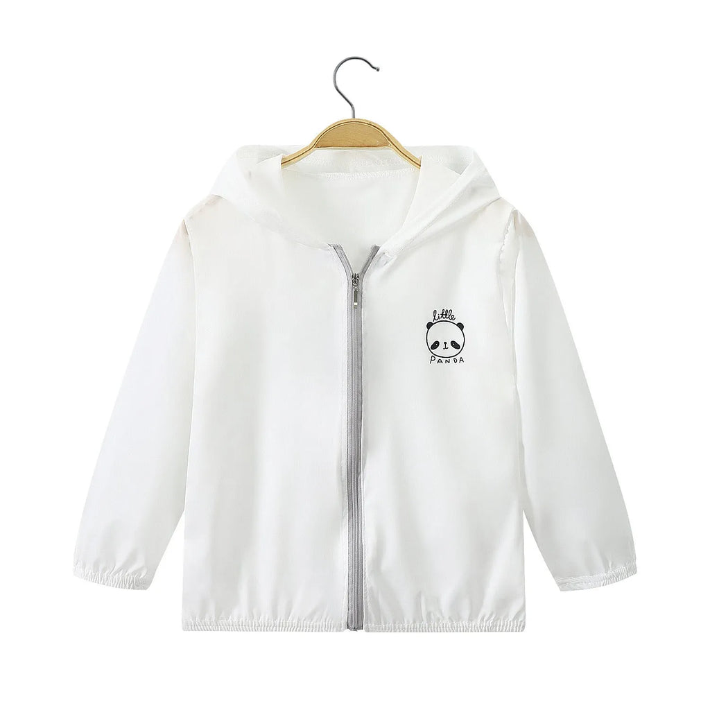 Children's Ice Silk sun protection jacket in white, showing front view with zip and collar