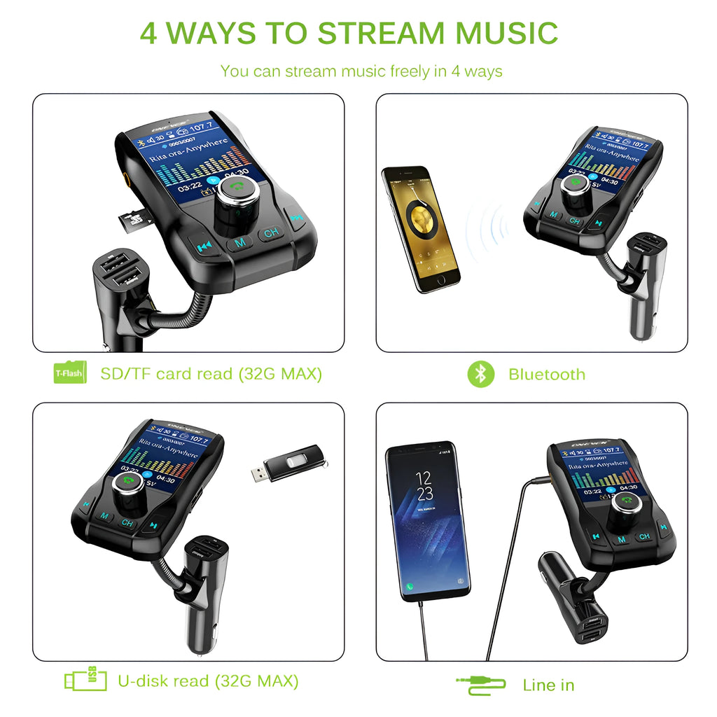 Black car Bluetooth FM transmitter with colour screen and dual USB ports plugged into a car dashboard.