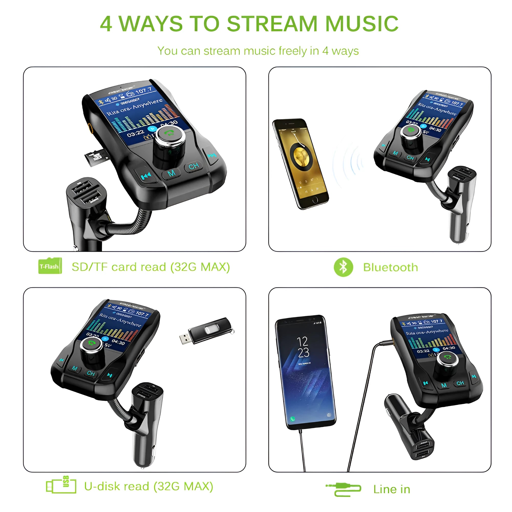 Black car Bluetooth FM transmitter with colour screen and dual USB ports plugged into a car dashboard.