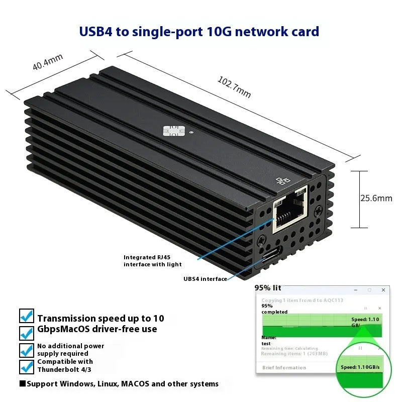 Black Leyu USB4 to RJ45 10 Gigabit Ethernet network adapter on a desk.