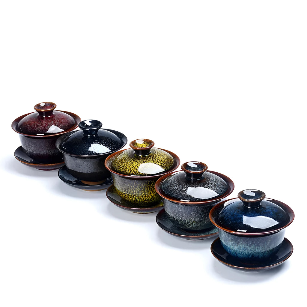 Three-piece ceramic tea set with covered bowl and teacups, transmutation glaze finish in five colours