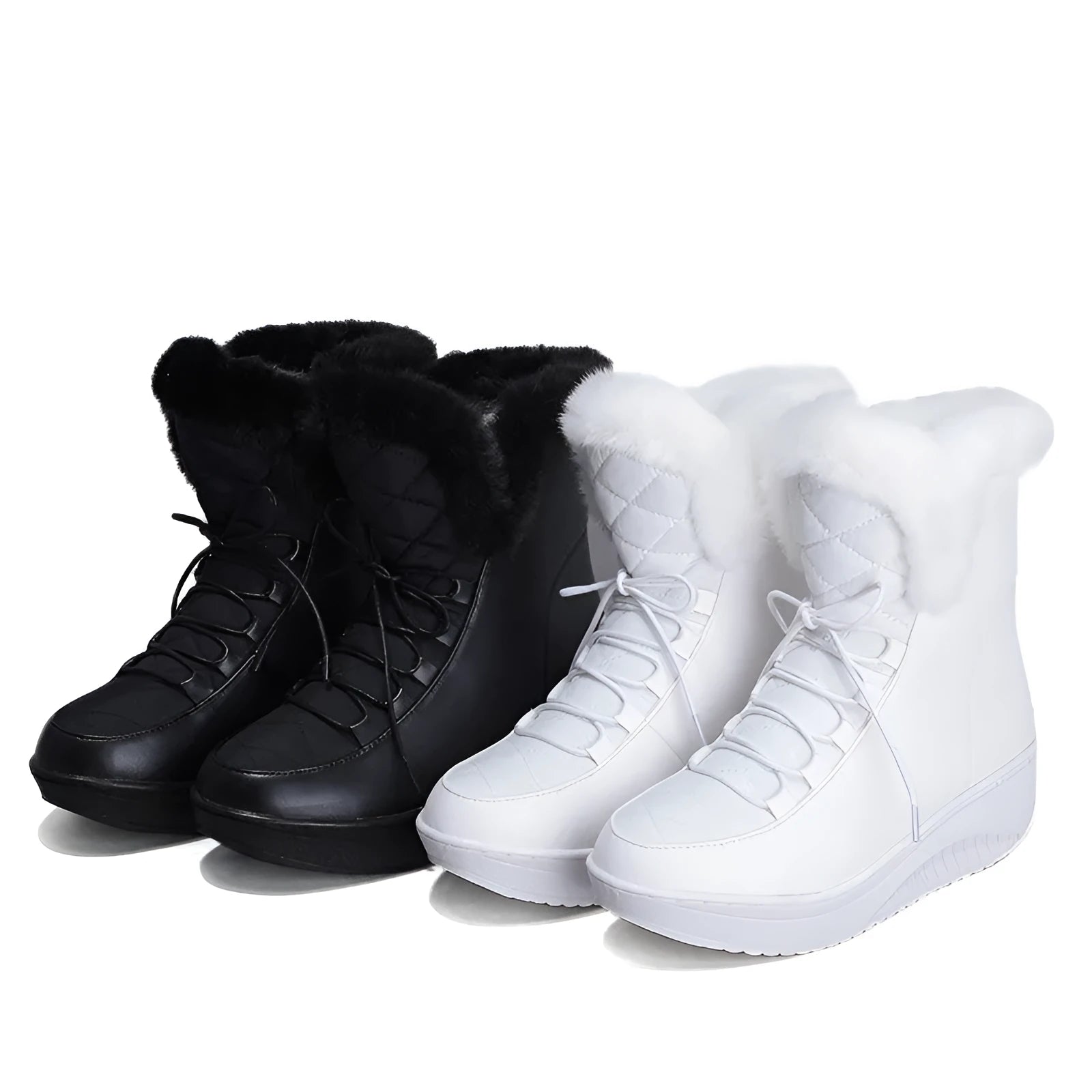 Black women's ankle winter boots with lace-up front, platform sole, and plush lining.