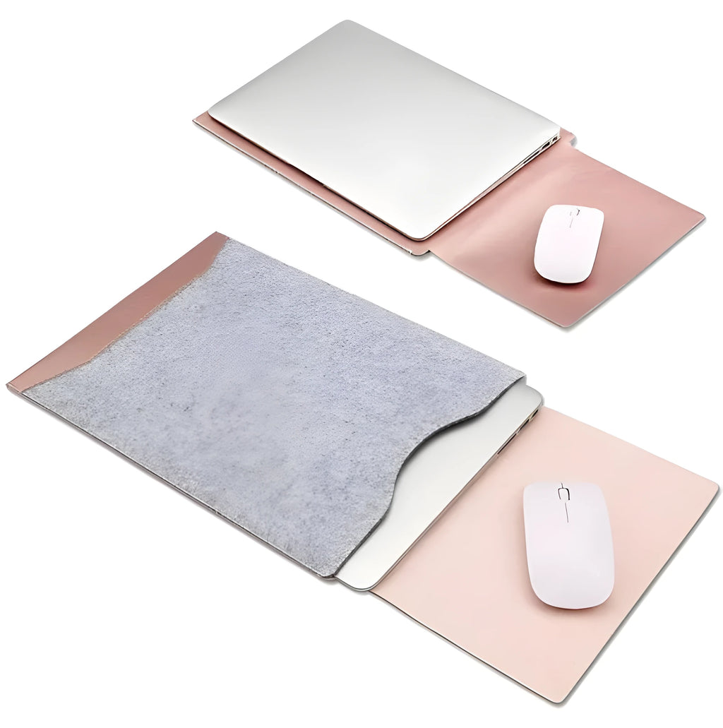 Minimalist black fabric laptop sleeve with built-in mouse pad on a flat surface