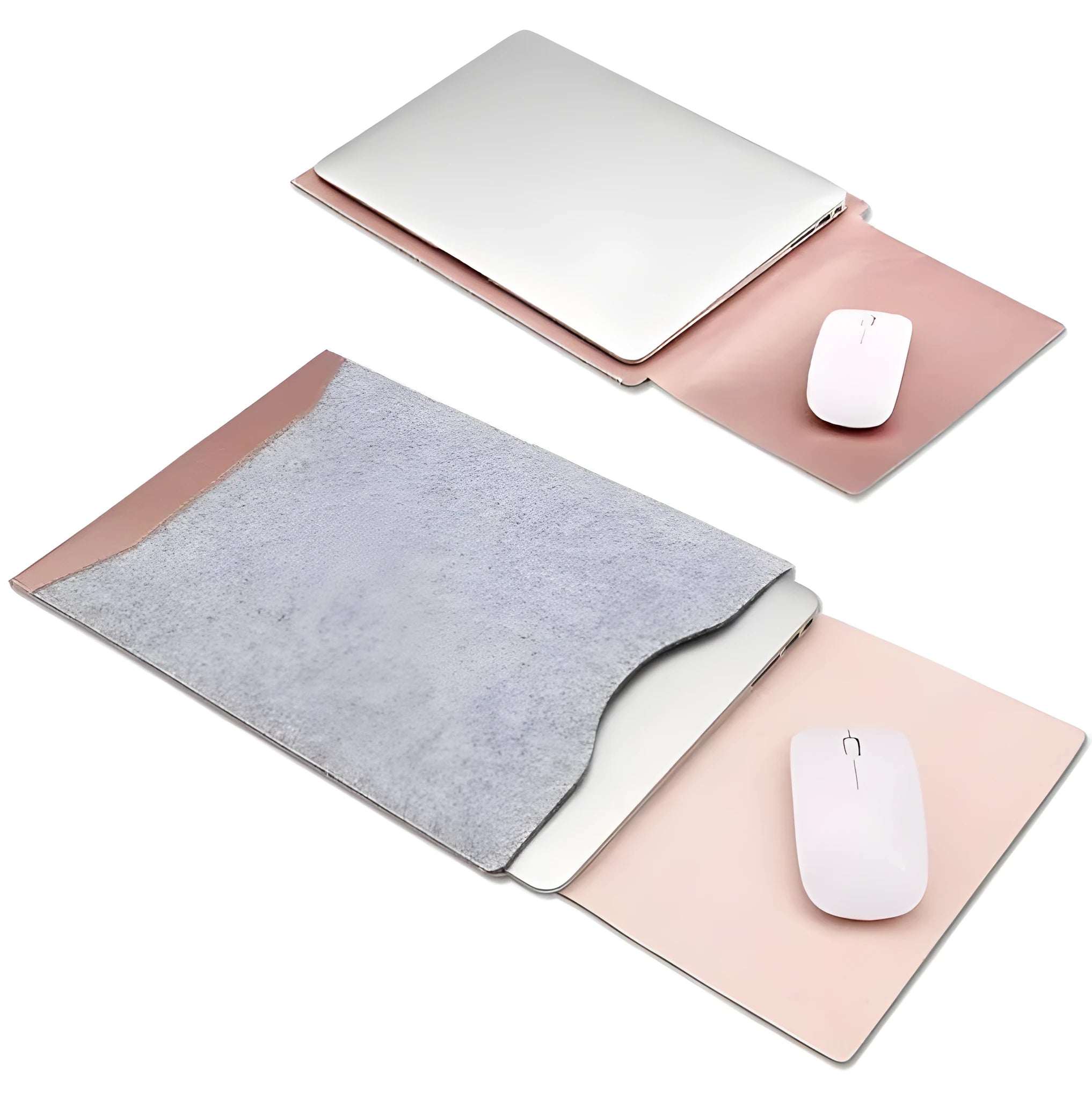 Minimalist black fabric laptop sleeve with built-in mouse pad on a flat surface
