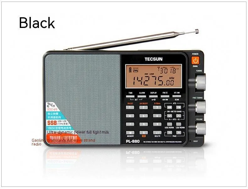 PL-880 high performance full band digital tuning stereo radio in black with built-in speaker and short wave antenna