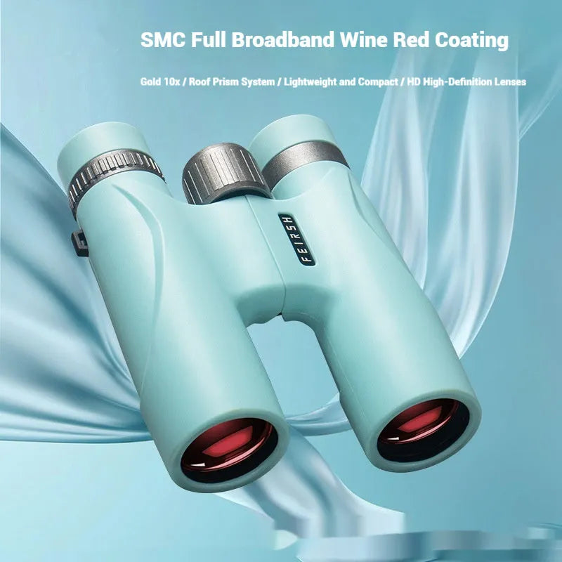 10x32 wine red film imaging binoculars with blue colour option showing compact 112x140x45mm dimensions