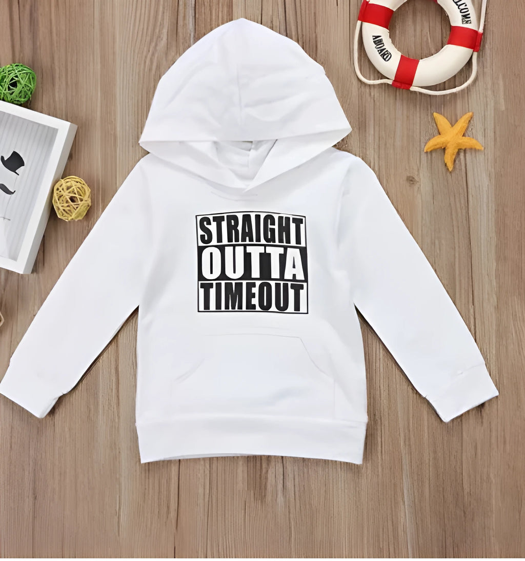 Boys' black hooded sweater with white letter pattern on front, long sleeves and pullover design