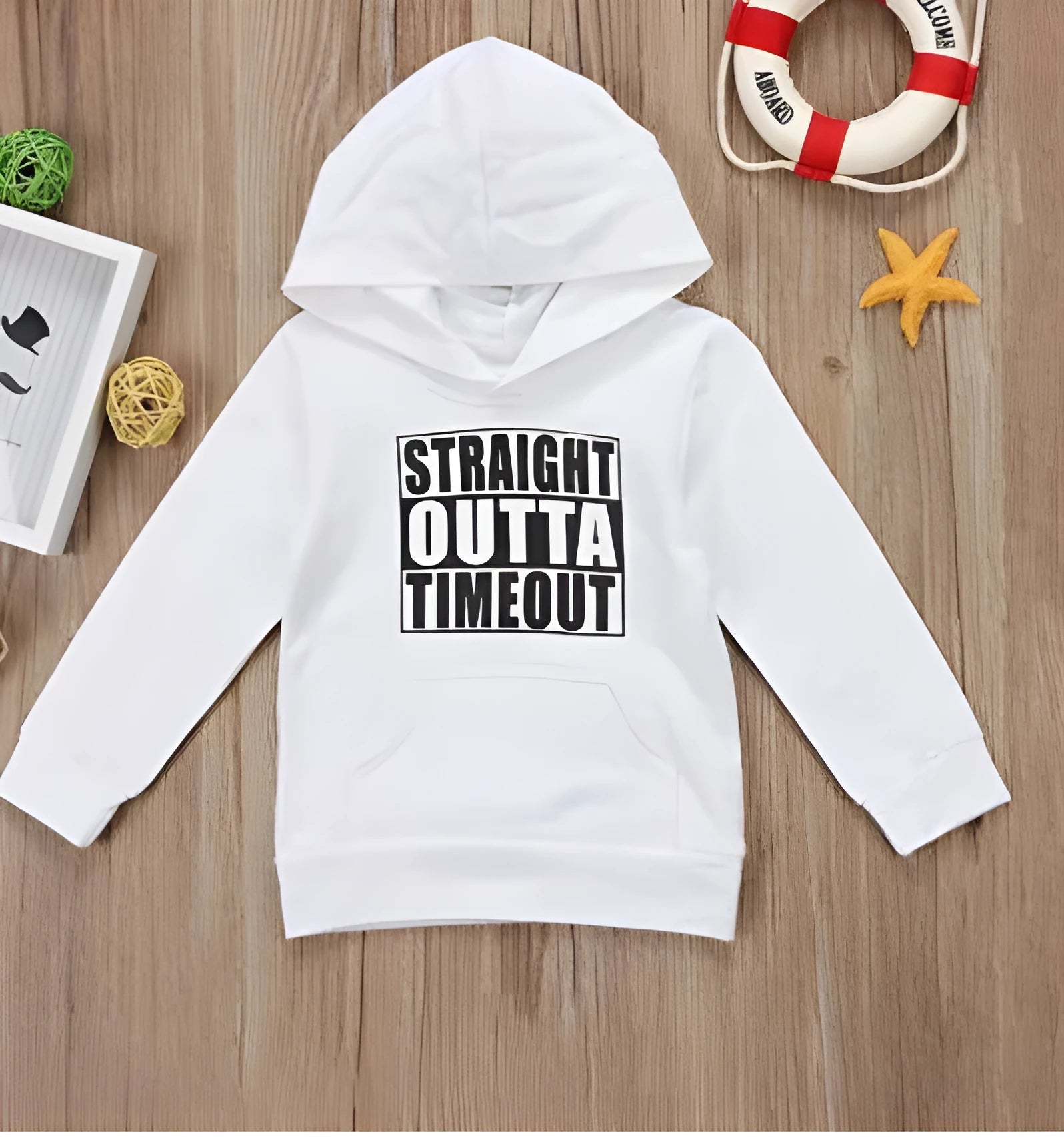 Boys' black hooded sweater with white letter pattern on front, long sleeves and pullover design