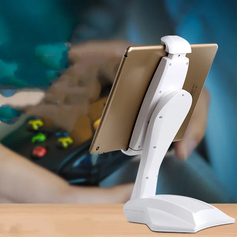 White foldable universal tablet stand with adjustable clamp extended, holding a tablet.