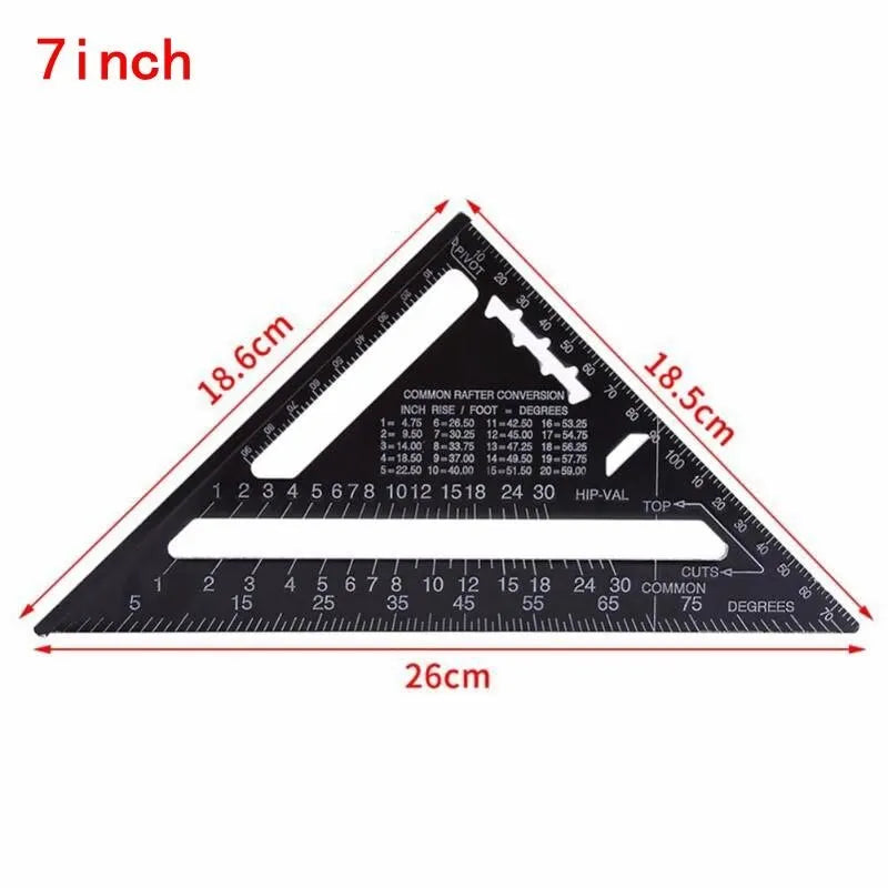 Black aluminium triangle ruler square showing 90-degree and 45-degree angles with measurement markings
