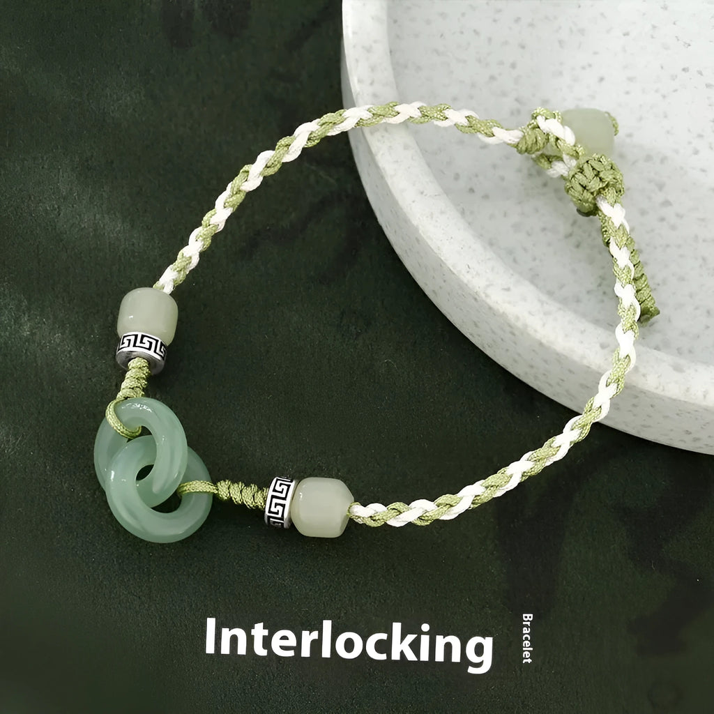 Jade green copper bracelet with peace buckle double ring design and ethnic style weaving