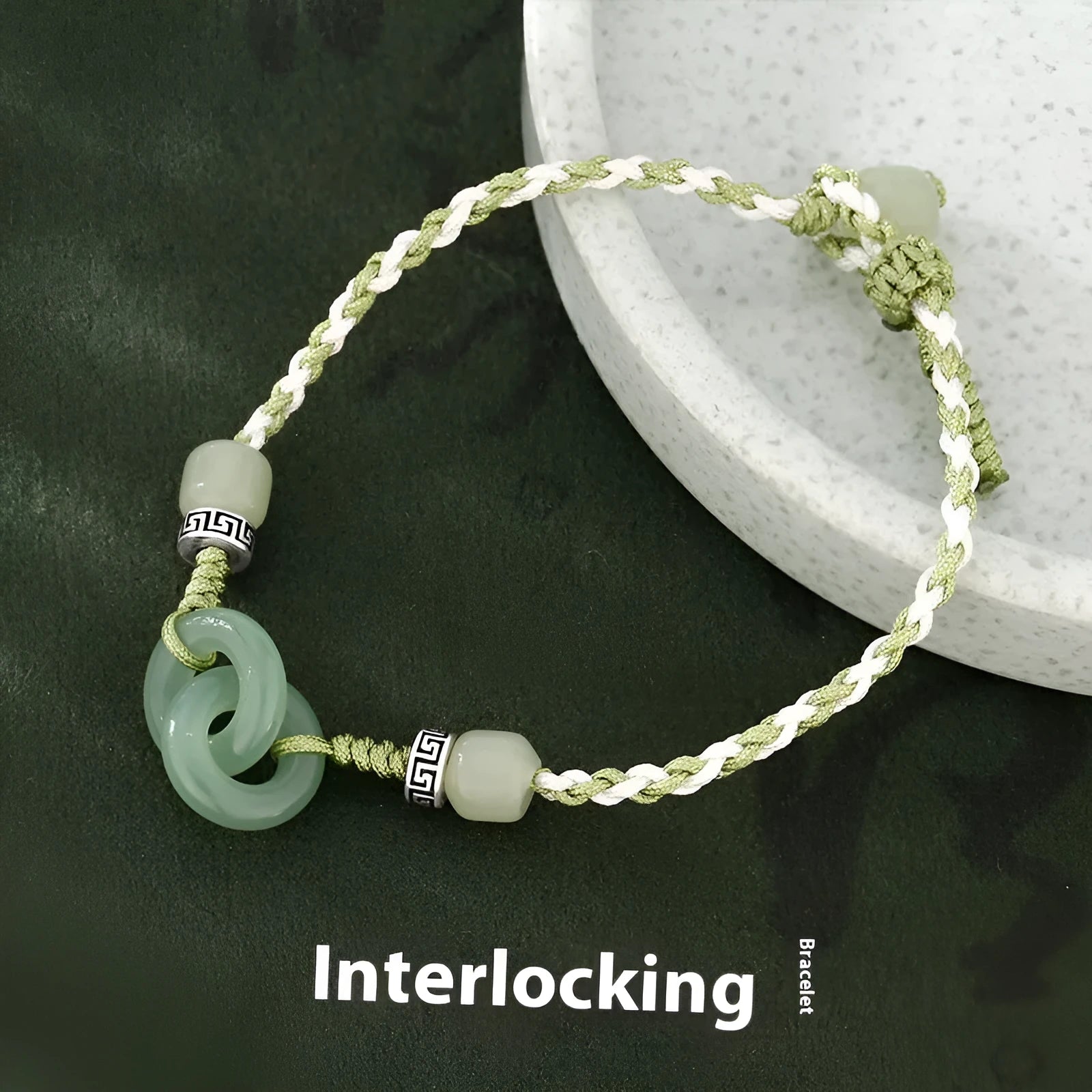 Jade green copper bracelet with peace buckle double ring design and ethnic style weaving