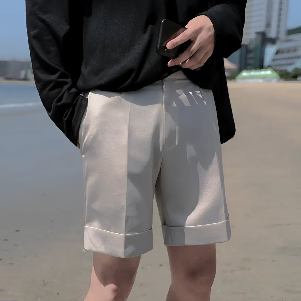Men's cotton high-waist plain khaki suit trousers on a model, showing a clean smart fit
