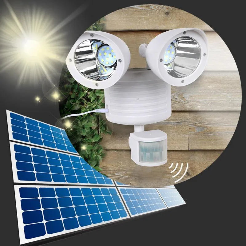 Black and white dual-head solar security spotlight with motion sensor for outdoor wall mounting