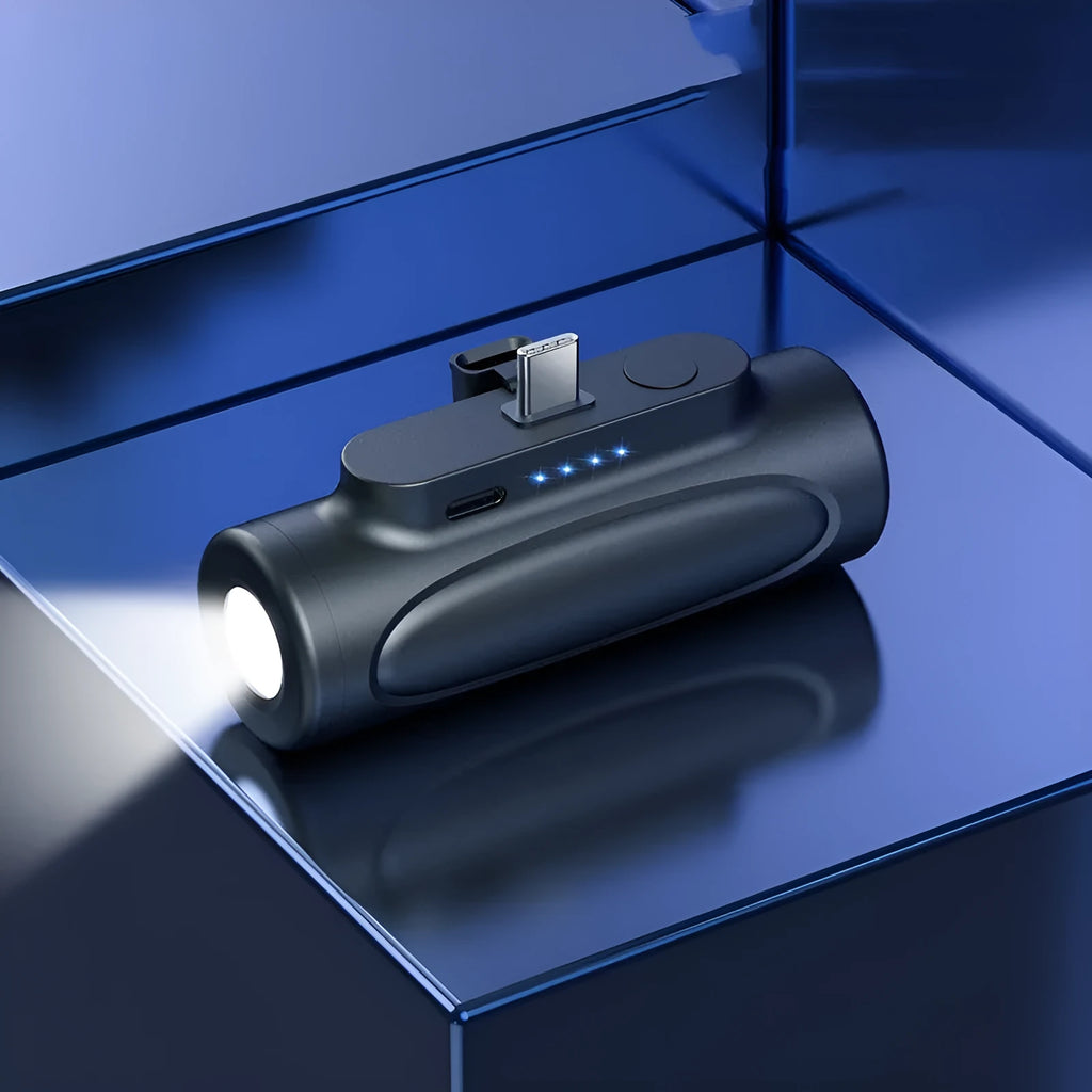Black Creative Power Bank Glare Flashlight showing USB-C port and LED torch, dimensions 83x27x41mm.