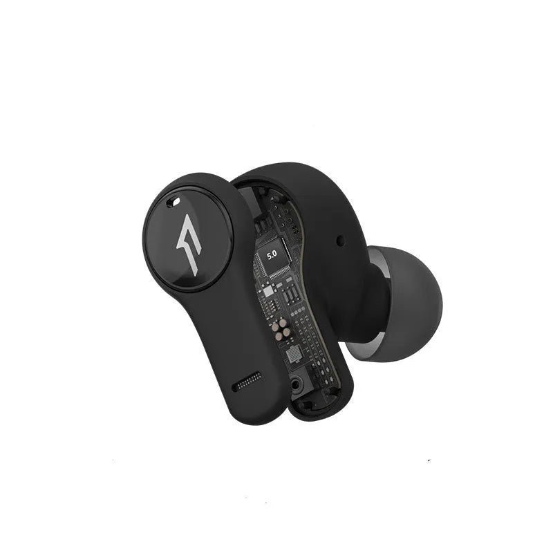 Pearl white and black true wireless Bluetooth sports headphones with USB charging cable.
