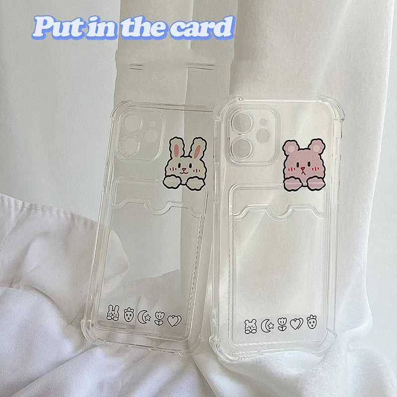 Clear cartoon-design TPU phone case with a card slot, shown next to an iPhone.