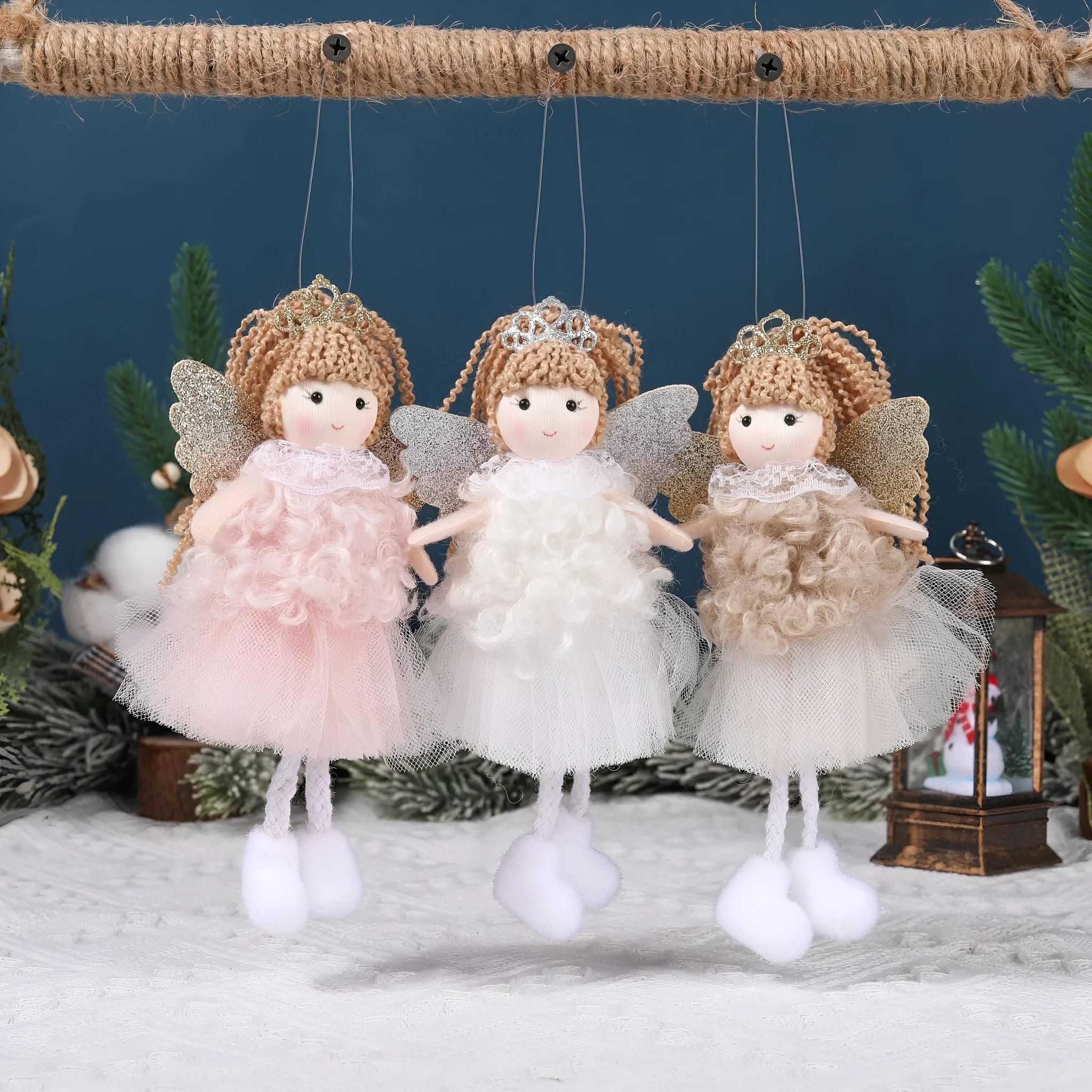Christmas angel cartoon fabric pendant hair accessory for a girl's high ponytail in white, pink, or khaki.
