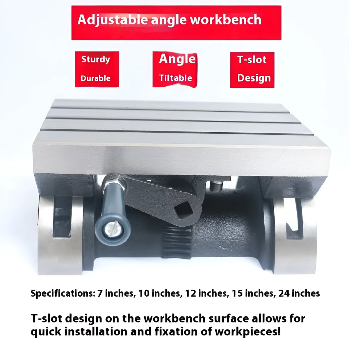 Cast iron adjustable angle workbench, 15-inch, with 45 degree tilt and side degree scale