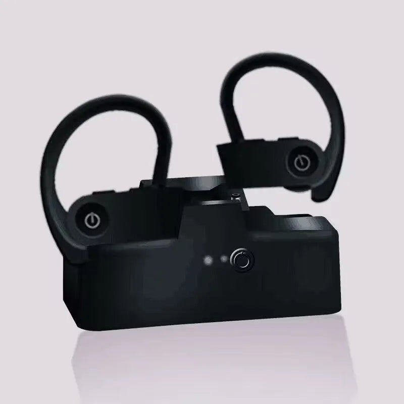 Ear hook sport wireless headphone in black with stereo sound and voice control for active use