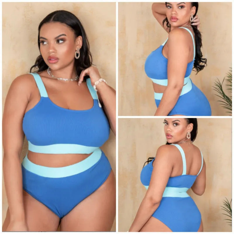 Women's solid colour high-waist bikini swimsuit set in polyester fabric on a mannequin.