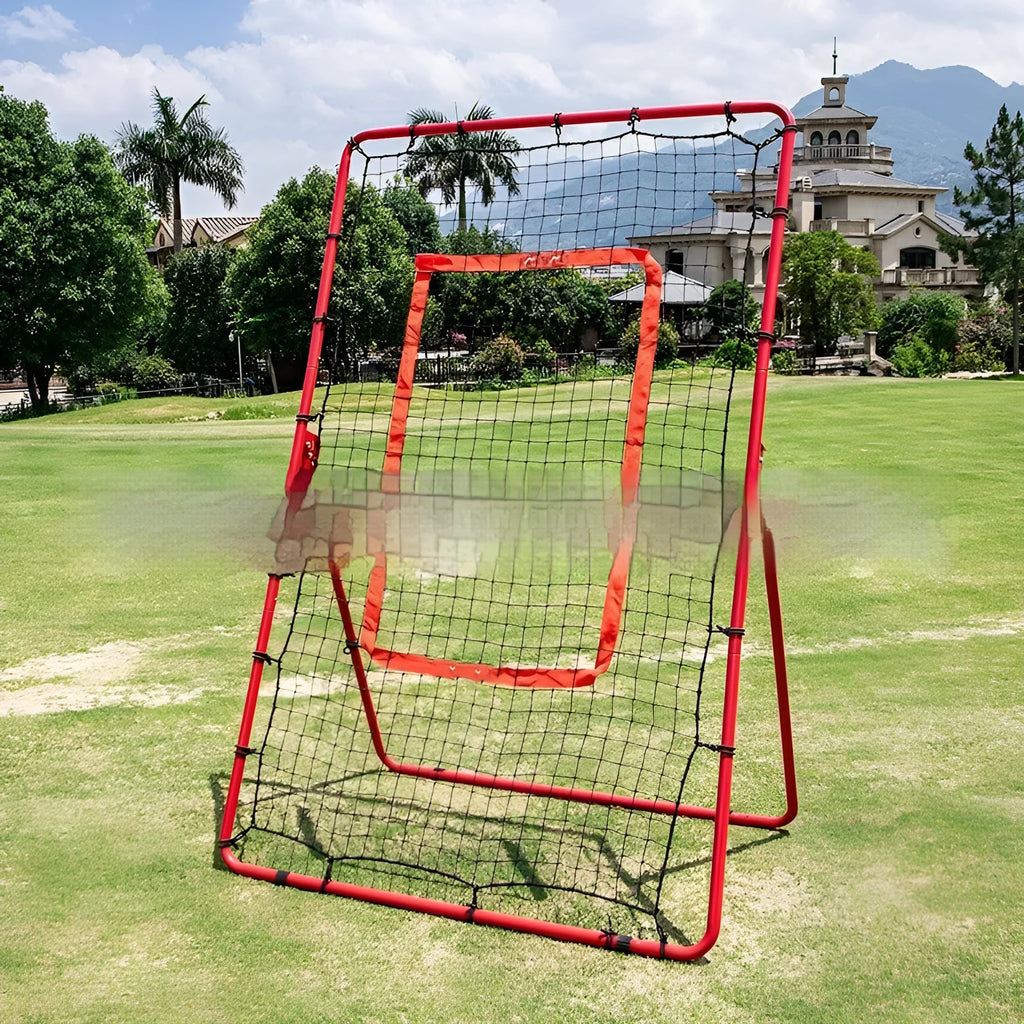 Red portable baseball training net with 4x6ft catching area and metal adjustable frame