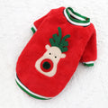 Red coral fleece dog sweater with reindeer hoodie on a small dog over a festive background